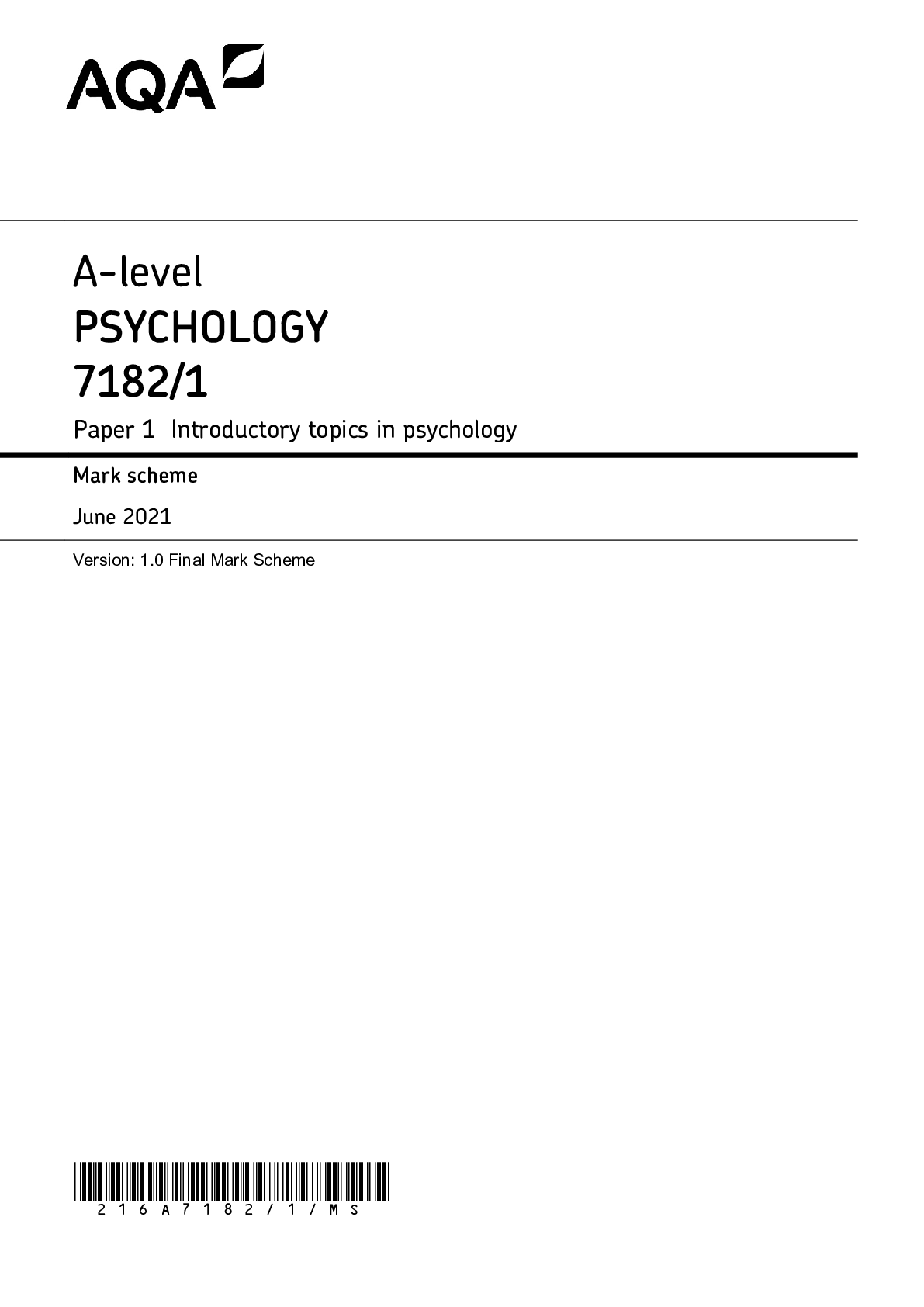 Preview image for AQA A-level Psychology June 2021 Paper 1 Mark Scheme